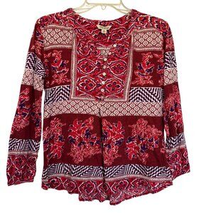 Lucky Brand Womens Boho Red Floral Print Long Sleeve Top Medium